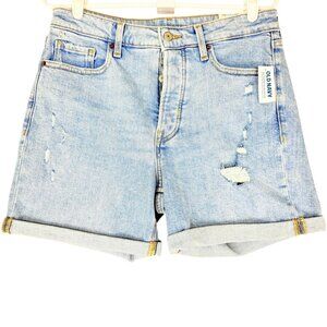 Old Navy Women Distressed Stretch‎ Straight High Rise Buttons Blue Shorts 10 NWT